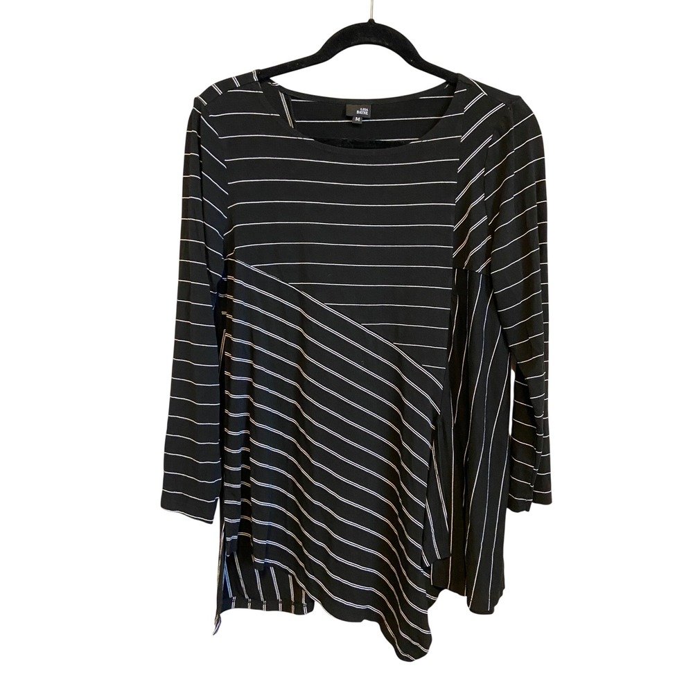 Lisa Bayne Black White Mixed Stripe Asymmetrical Tunic Top Medium